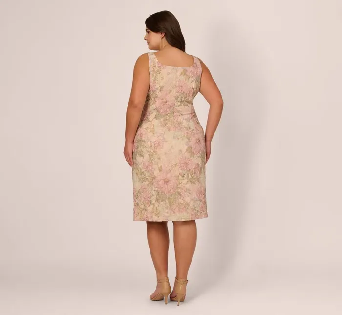 Adrianna Papell Day Dresses Plus Size Sleeveless Floral Matelasse Sheath Dress With Pleated Details In Rose Multi 8211 Women