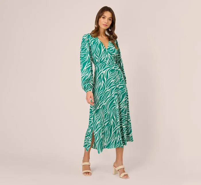 Adrianna Papell Day Dresses Printed Faux Wrap Dress With Bishop Long Sleeves In Green Ivory 8211 Women