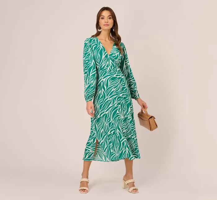 Adrianna Papell Day Dresses Printed Faux Wrap Dress With Bishop Long Sleeves In Green Ivory 8211 Women