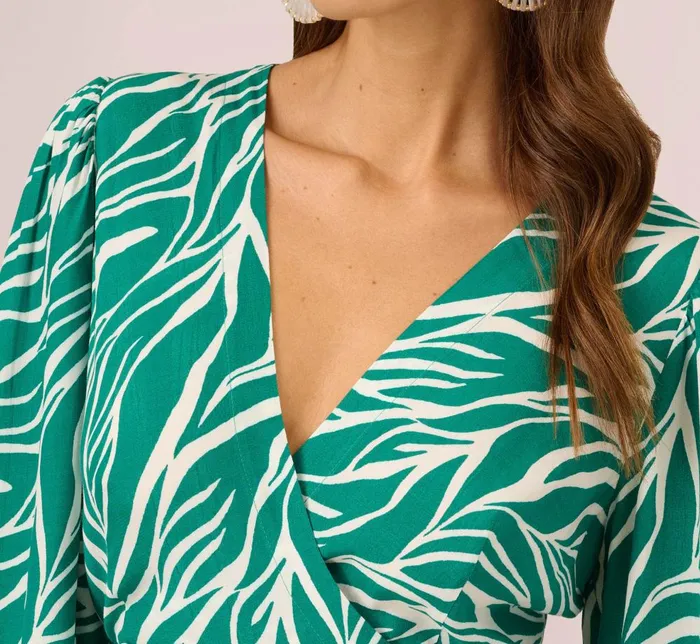 Adrianna Papell Day Dresses Printed Faux Wrap Dress With Bishop Long Sleeves In Green Ivory 8211 Women