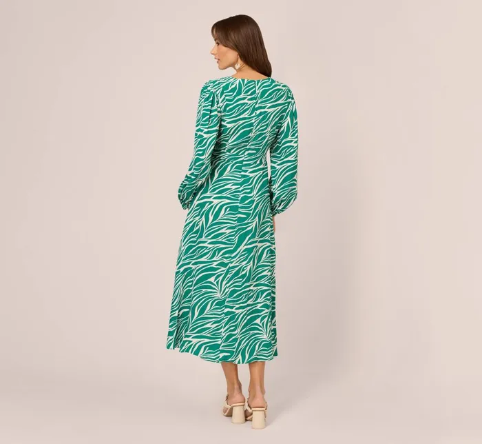 Adrianna Papell Day Dresses Printed Faux Wrap Dress With Bishop Long Sleeves In Green Ivory 8211 Women