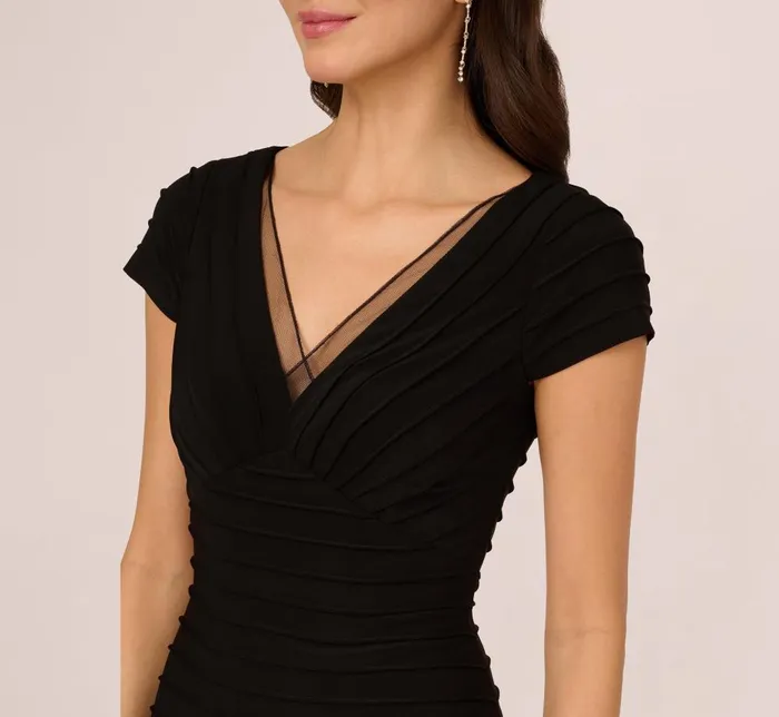 Adrianna Papell Day Dresses Short Sleeve Pintucked Lace Dress With V Neckline In Black 8211 Women