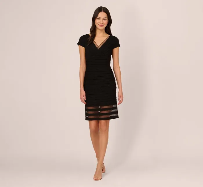 Adrianna Papell Day Dresses Short Sleeve Pintucked Lace Dress With V Neckline In Black 8211 Women