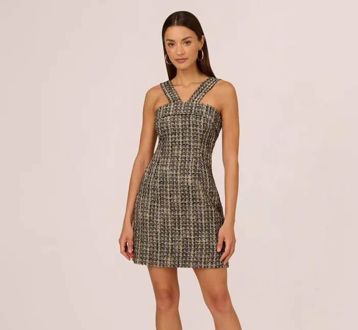 Adrianna Papell Day Dresses Sleeveless Tweed Mini Dress With Halter Straps In Black Ivory 8211 Women