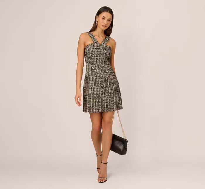 Adrianna Papell Day Dresses Sleeveless Tweed Mini Dress With Halter Straps In Black Ivory 8211 Women