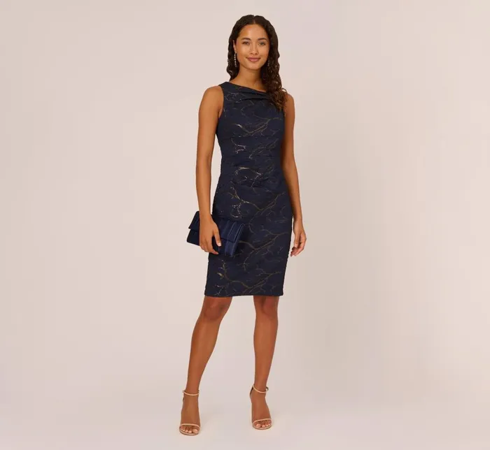 Adrianna Papell Day Dresses Stretch Jacquard Sleeveless Draped Sheath Dress In Navy 8211 Women