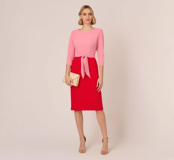 Adrianna Papell Day Dresses Three Quarter Sleeve Colorblock Dress With Tie Front In Pink Red 8211 Women