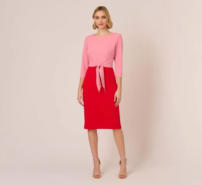 Adrianna Papell Day Dresses Three Quarter Sleeve Colorblock Dress With Tie Front In Pink Red 8211 Women