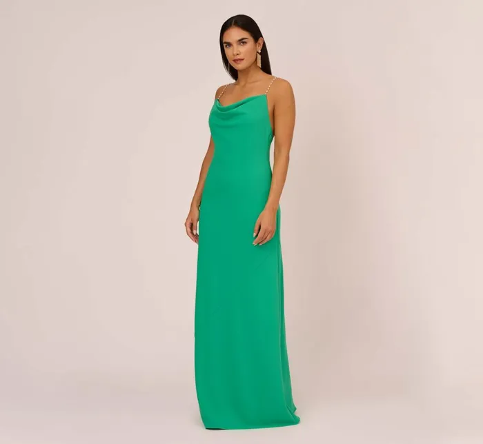 Adrianna Papell Formal Dresses Cowl Neck Crepe Column Gown With Pearl Straps In Summer Green 8211 Women