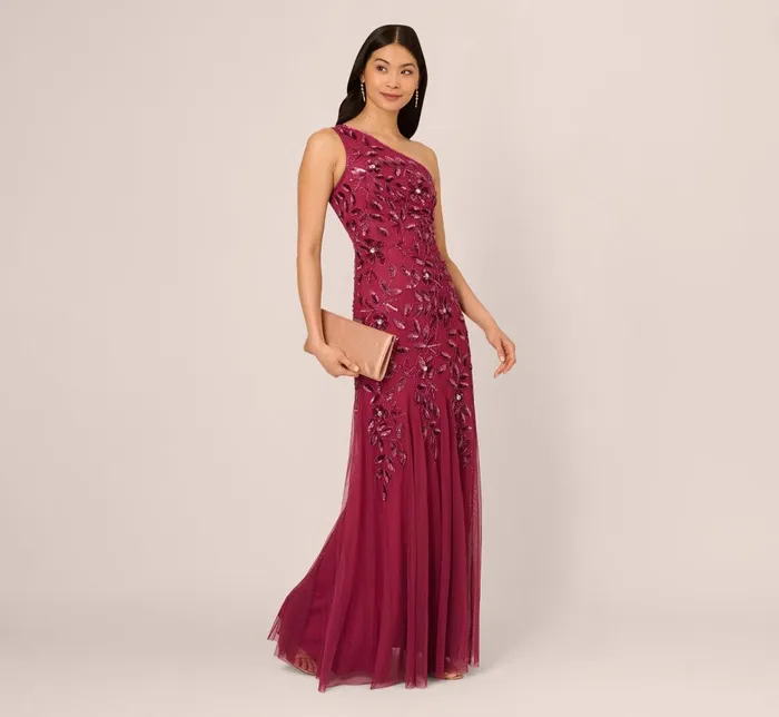 Adrianna Papell Formal Dresses Floral Beaded One Shoulder Mermaid Gown With Godet Skirt In Shiraz 8211 Women