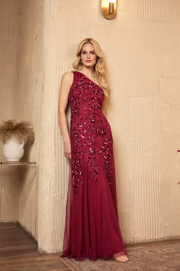 Adrianna Papell Formal Dresses Floral Beaded One Shoulder Mermaid Gown With Godet Skirt In Shiraz 8211 Women