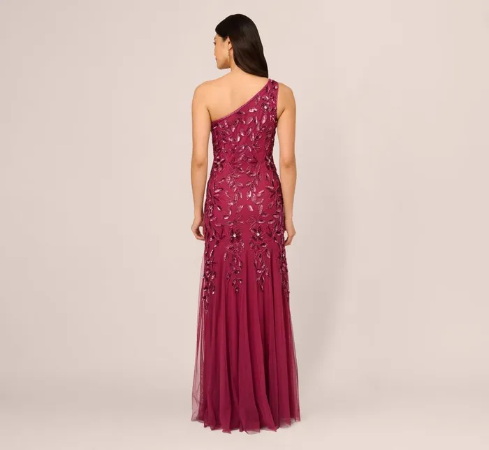 Adrianna Papell Formal Dresses Floral Beaded One Shoulder Mermaid Gown With Godet Skirt In Shiraz 8211 Women