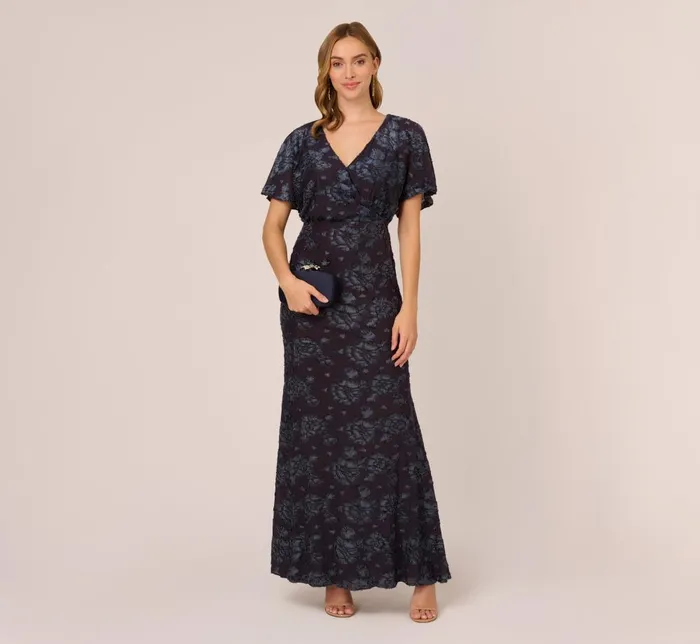 Adrianna Papell Formal Dresses Floral Burnout Velvet Long Blouson Gown In Midnight 8211 Women