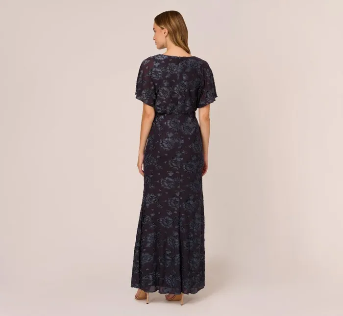 Adrianna Papell Formal Dresses Floral Burnout Velvet Long Blouson Gown In Midnight 8211 Women