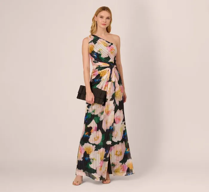 Adrianna Papell Formal Dresses Floral Print Chiffon Gown With One Shoulder Neckline In Black Blush Multi 8211 Women