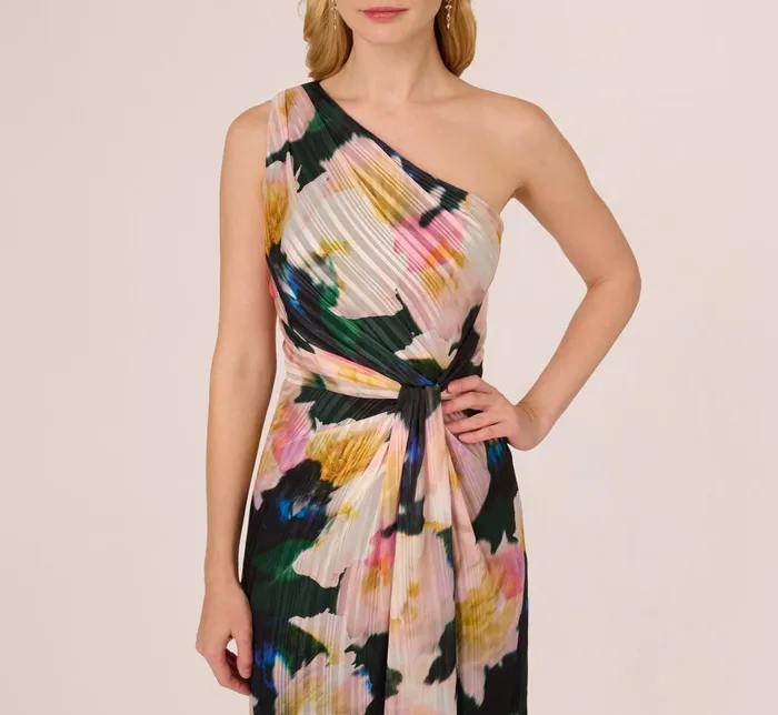 Adrianna Papell Formal Dresses Floral Print Chiffon Gown With One Shoulder Neckline In Black Blush Multi 8211 Women
