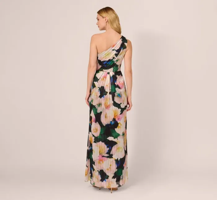 Adrianna Papell Formal Dresses Floral Print Chiffon Gown With One Shoulder Neckline In Black Blush Multi 8211 Women