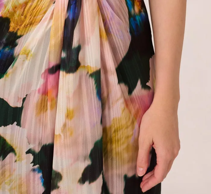 Adrianna Papell Formal Dresses Floral Print Chiffon Gown With One Shoulder Neckline In Black Blush Multi 8211 Women