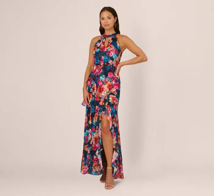 Adrianna Papell Formal Dresses Floral Printed Halter Mermaid Gown With Ruffle Details In Navy Multi 8211 Women