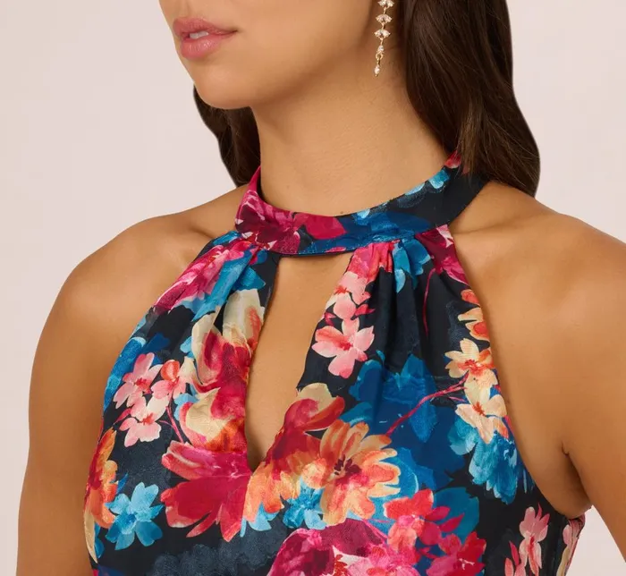 Adrianna Papell Formal Dresses Floral Printed Halter Mermaid Gown With Ruffle Details In Navy Multi 8211 Women