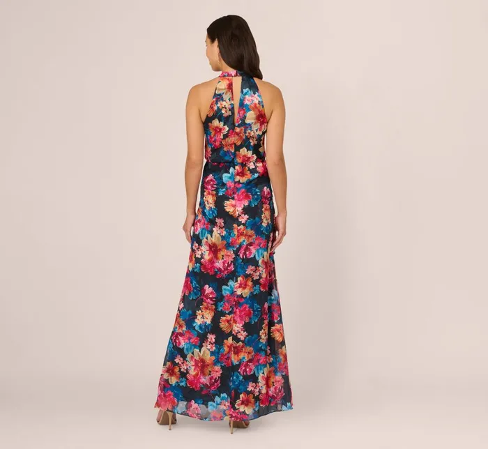 Adrianna Papell Formal Dresses Floral Printed Halter Mermaid Gown With Ruffle Details In Navy Multi 8211 Women