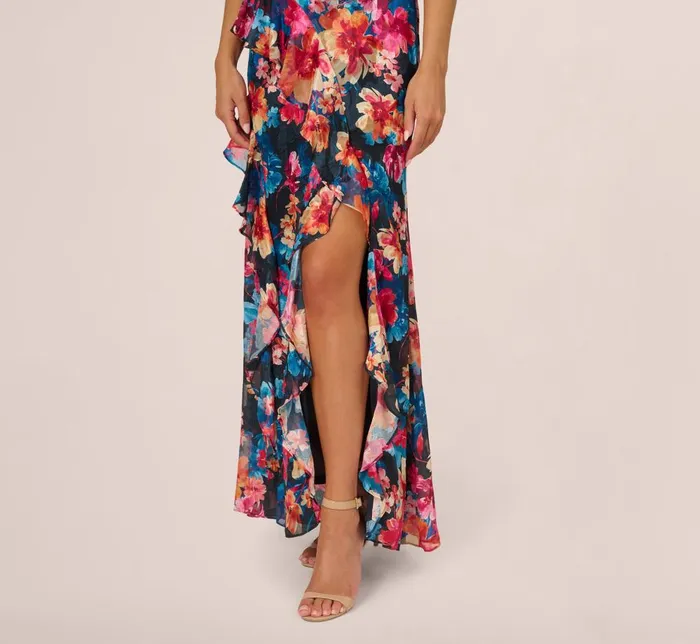 Adrianna Papell Formal Dresses Floral Printed Halter Mermaid Gown With Ruffle Details In Navy Multi 8211 Women