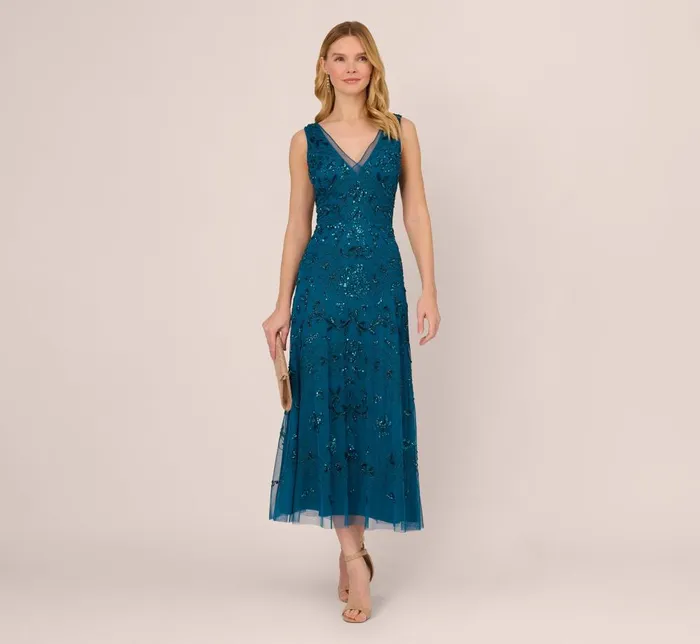 Adrianna Papell Formal Dresses HandBeaded AnkleLength Dress In Teal Sapphire 8211 Women