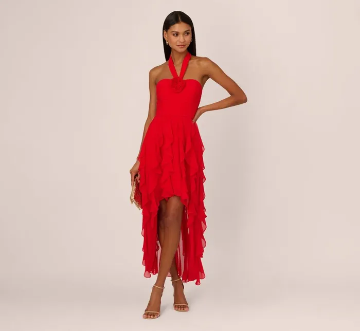 Adrianna Papell Formal Dresses High Low Halter Dress With 3d Floral Accent In Red Desire 8211 Women