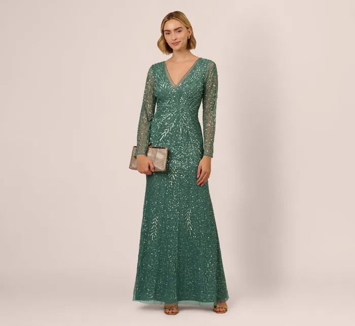 Adrianna Papell Formal Dresses Long Sleeve Beaded Full Length Dress In Green Slate 8211 Women