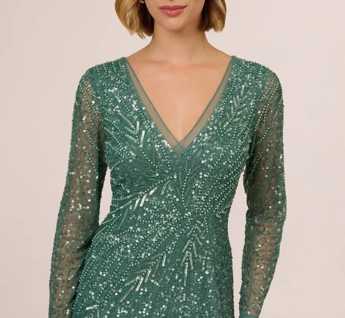 Adrianna Papell Formal Dresses Long Sleeve Beaded Full Length Dress In Green Slate 8211 Women