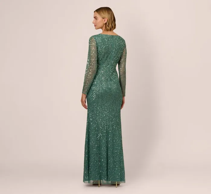 Adrianna Papell Formal Dresses Long Sleeve Beaded Full Length Dress In Green Slate 8211 Women