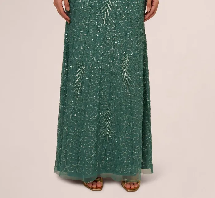 Adrianna Papell Formal Dresses Long Sleeve Beaded Full Length Dress In Green Slate 8211 Women
