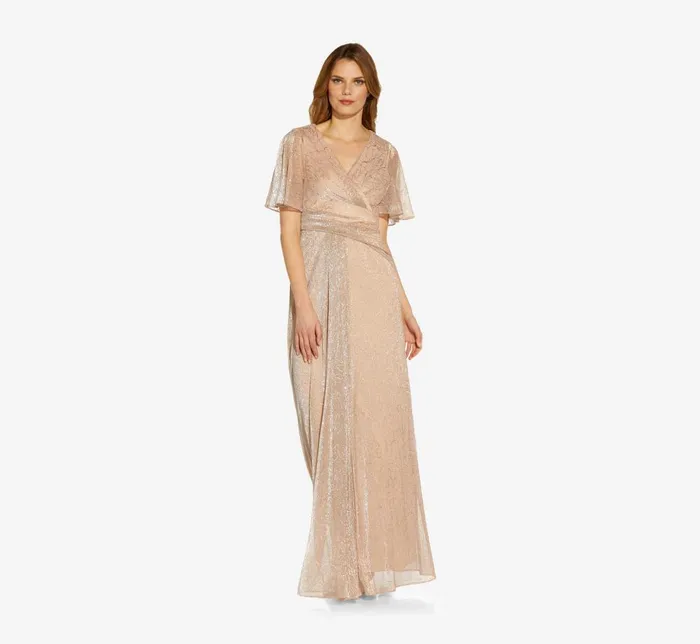 Adrianna Papell Formal Dresses Metallic Mesh Draped Gown In Rose Gold 8211 Women