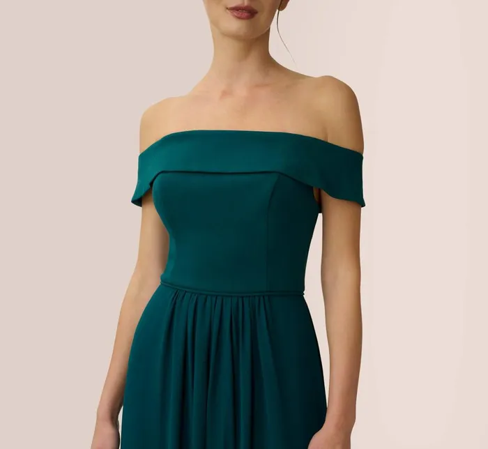 Adrianna Papell Formal Dresses Off The Shoulder Crepe Chiffon Gown With Soft Skirt In Hunter 8211 Women