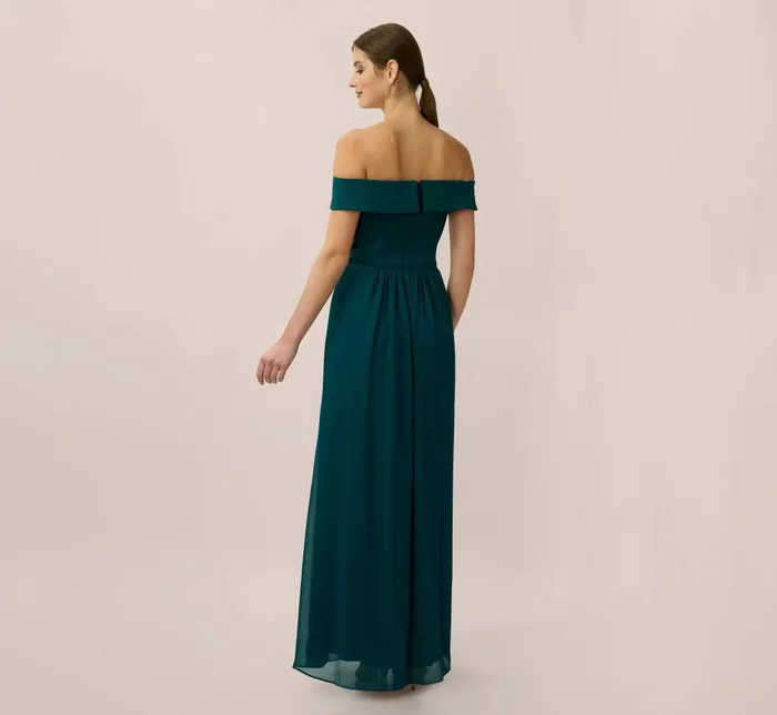 Adrianna Papell Formal Dresses Off The Shoulder Crepe Chiffon Gown With Soft Skirt In Hunter 8211 Women