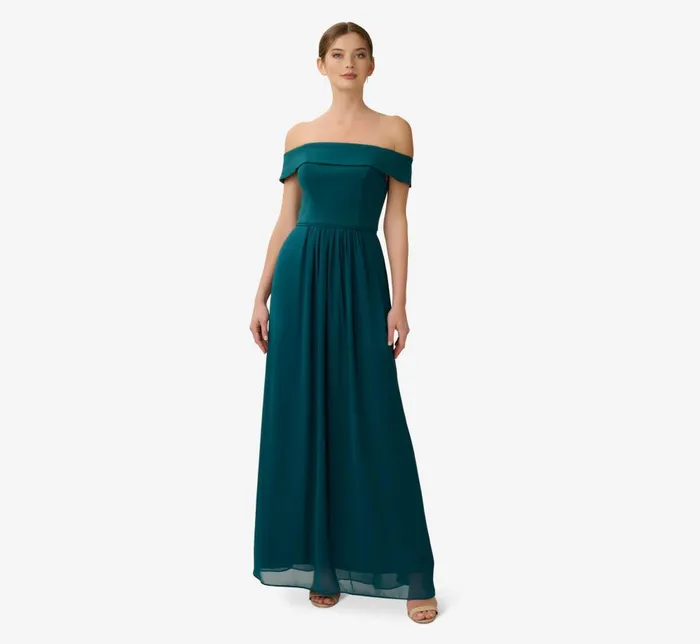 Adrianna Papell Formal Dresses Off The Shoulder Crepe Chiffon Gown With Soft Skirt In Hunter 8211 Women