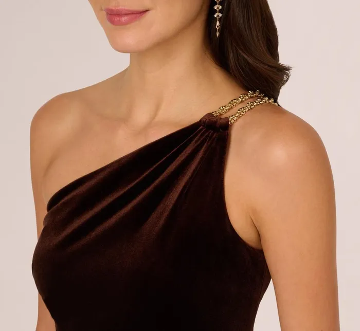 Adrianna Papell Formal Dresses One Shoulder Draped Velvet Gown With Chain Accent In Dark Brown 8211 Women