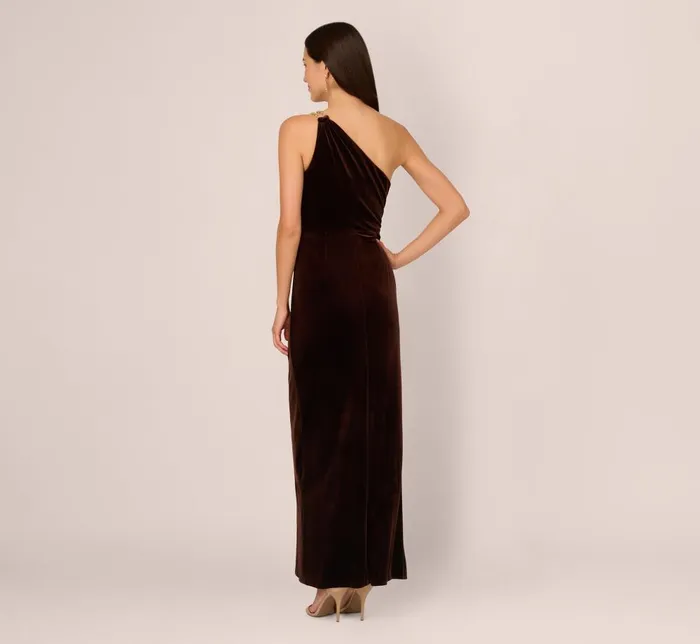 Adrianna Papell Formal Dresses One Shoulder Draped Velvet Gown With Chain Accent In Dark Brown 8211 Women