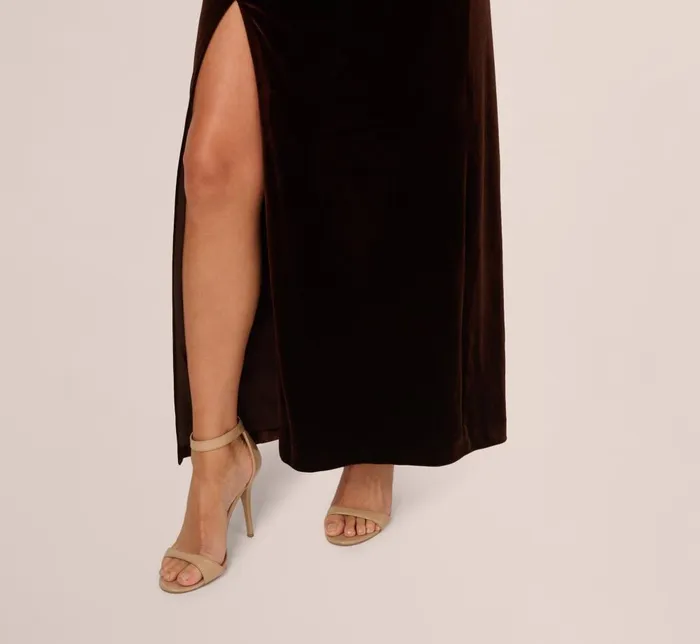Adrianna Papell Formal Dresses One Shoulder Draped Velvet Gown With Chain Accent In Dark Brown 8211 Women