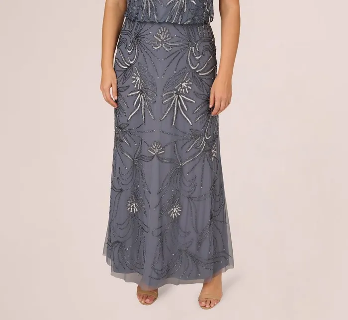 Adrianna Papell Formal Dresses Plus Size Long Beaded Blouson Dress In Dusty Blue 8211 Women