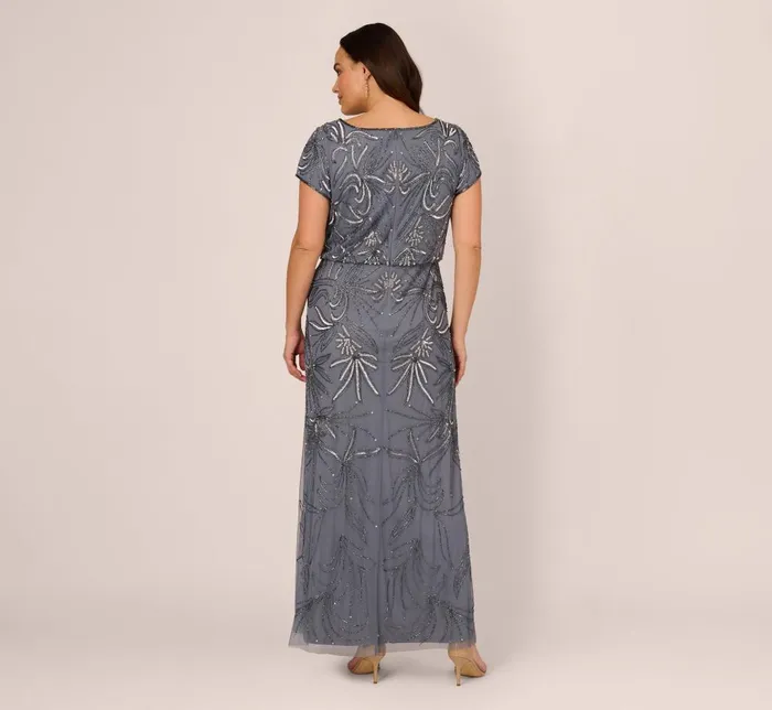 Adrianna Papell Formal Dresses Plus Size Long Beaded Blouson Dress In Dusty Blue 8211 Women
