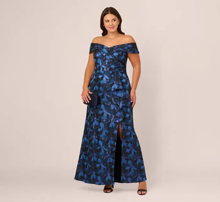 Adrianna Papell Formal Dresses Plus Size Off Shoulder Jacquard Gown In Blue Multi 8211 Women