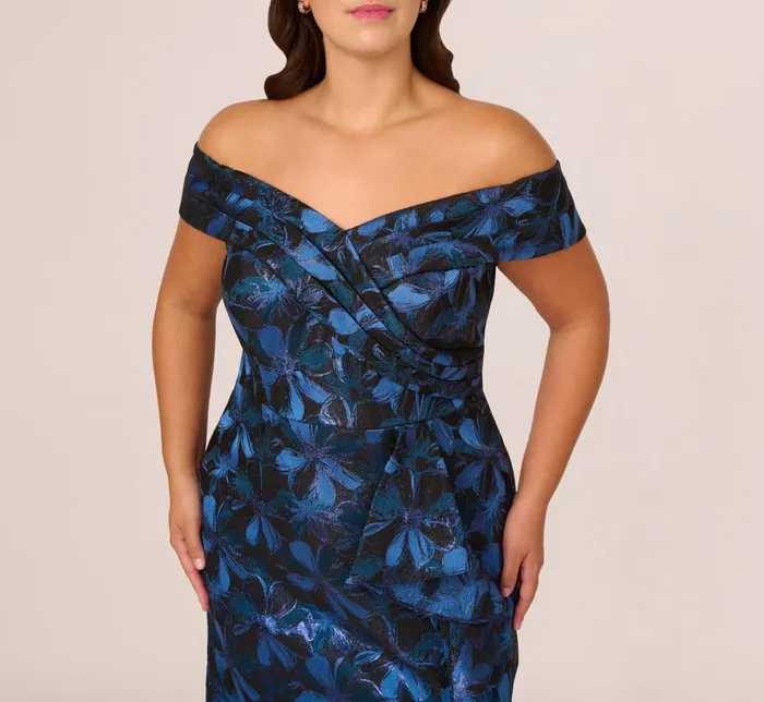 Adrianna Papell Formal Dresses Plus Size Off Shoulder Jacquard Gown In Blue Multi 8211 Women