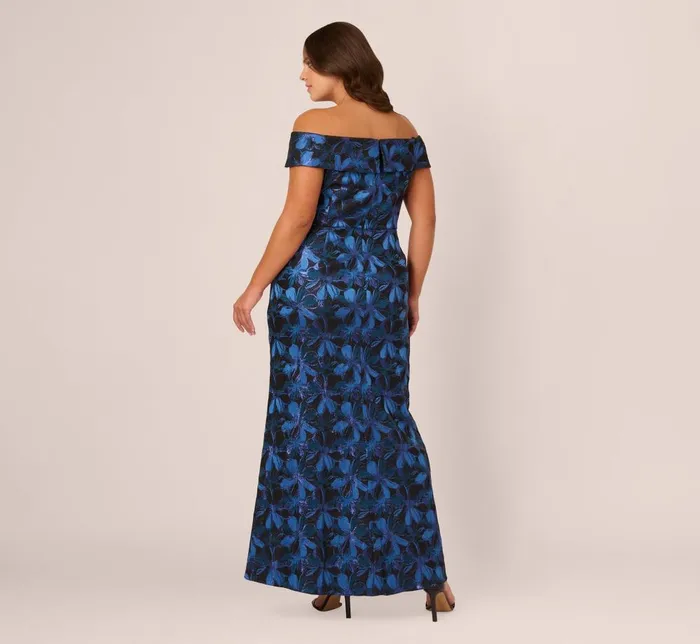 Adrianna Papell Formal Dresses Plus Size Off Shoulder Jacquard Gown In Blue Multi 8211 Women