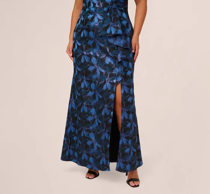 Adrianna Papell Formal Dresses Plus Size Off Shoulder Jacquard Gown In Blue Multi 8211 Women