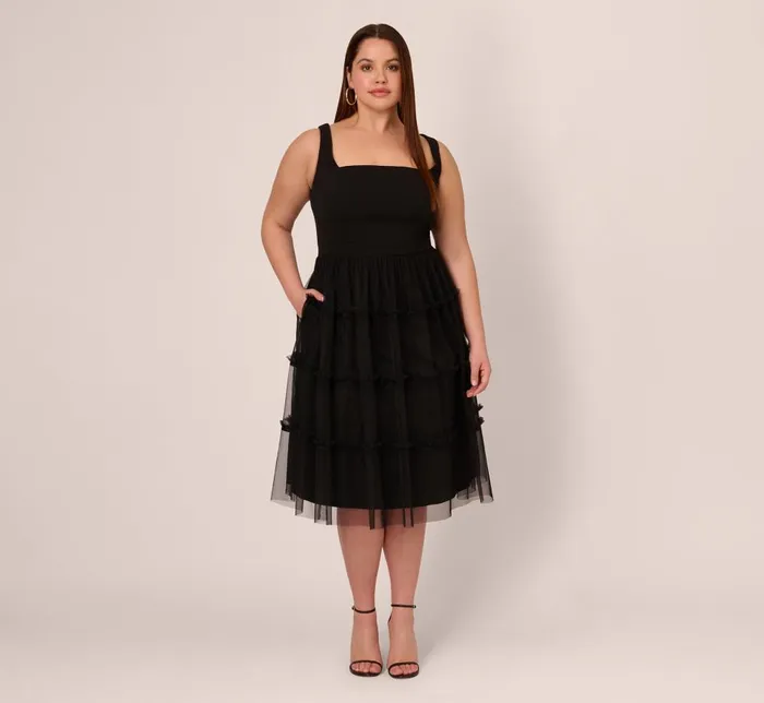 Adrianna Papell Formal Dresses Plus Size Sleeveless Midi Dress With Square Neck And Tiered Skirt In Black 8211 Women