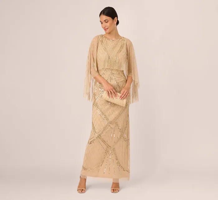 Adrianna Papell Formal Dresses Scallop Beaded Cape Column Gown In Gold 8211 Women