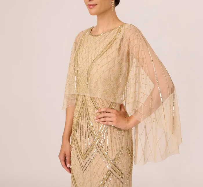 Adrianna Papell Formal Dresses Scallop Beaded Cape Column Gown In Gold 8211 Women