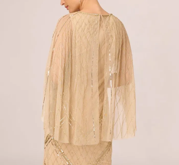 Adrianna Papell Formal Dresses Scallop Beaded Cape Column Gown In Gold 8211 Women