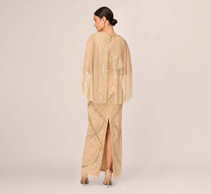 Adrianna Papell Formal Dresses Scallop Beaded Cape Column Gown In Gold 8211 Women